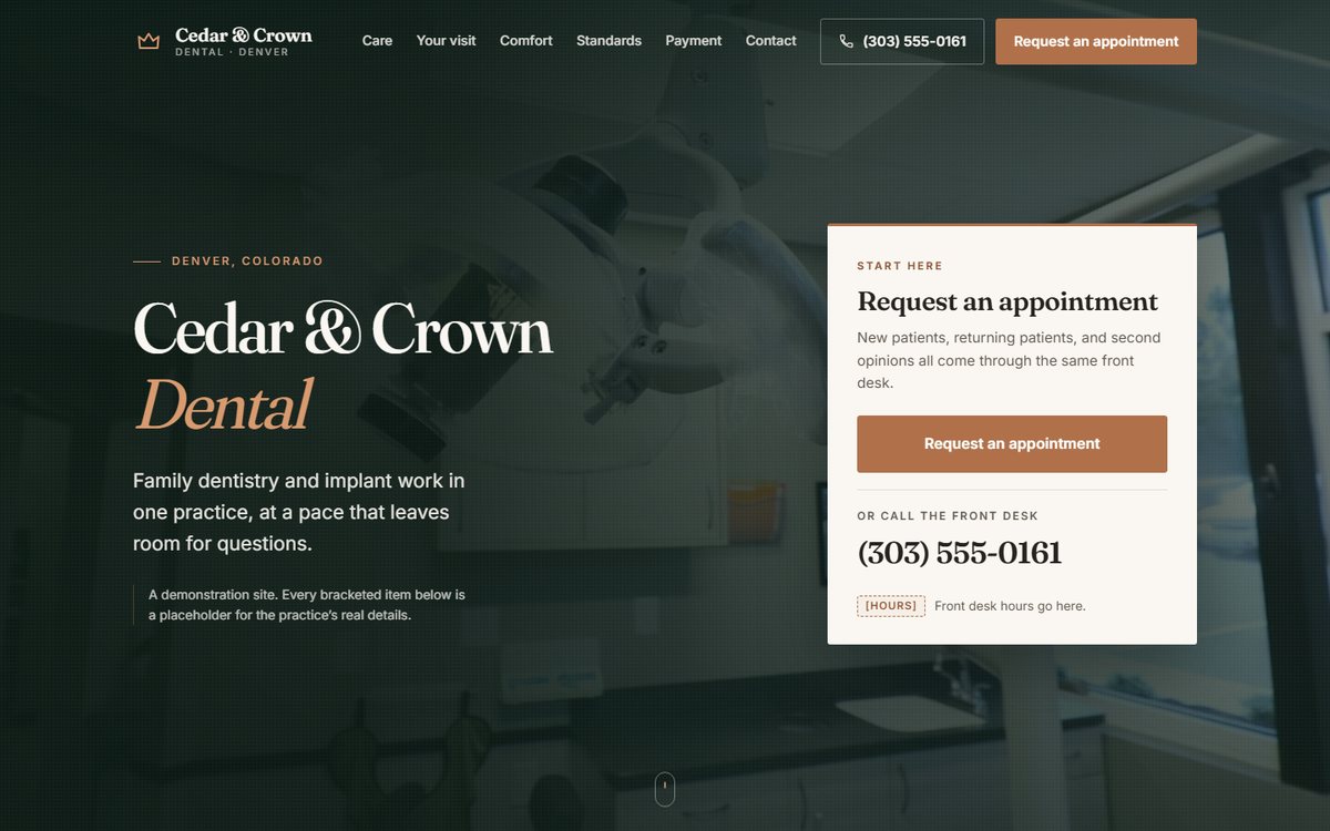 The Cedar and Crown Dental concept homepage with its video hero