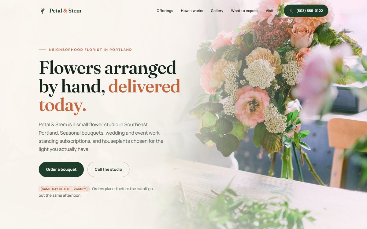 Concept homepage for a fictional flower shop: cream hero with an arrangement photograph