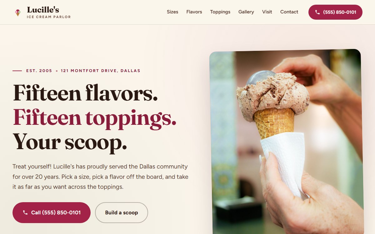 Concept homepage for a fictional ice cream parlor: cream and berry palette with a hero cone photograph